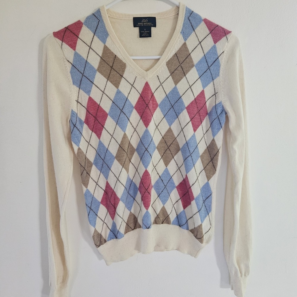 346 Brooks Brothers Extra Fine 100% Merino Wool Sweater Argyle Diamond Cream S